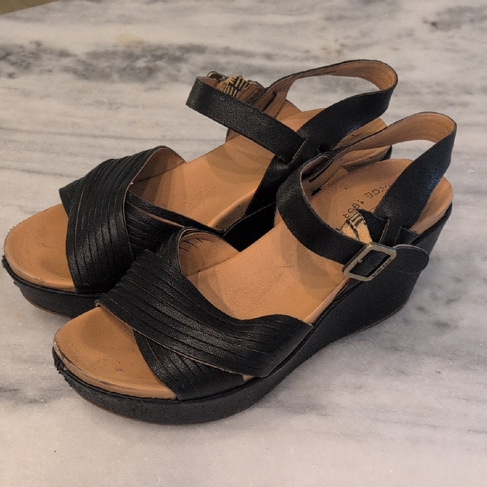 Kork-Ease Black Leather Wedge Sandals